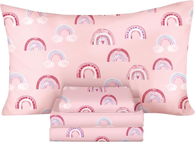 Ivellow Full Sheets Set Kids 100% Natural Cotton Sheets Soft Breathable Percale Bed Sheets 16" Deep Pocket Cute Kawaii Rainbow Patterned Sheets for Girls Toddler Teen Kids Full Bedding Dorm Essentials