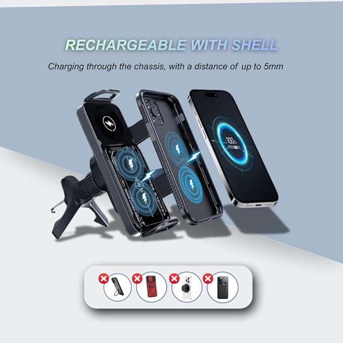 Smart 2-in-1 Auto-Rotating Phone Holder and Wireless Car Charger, Foldable Car Phone Mount for iPhone and Samsung, Cell Phone Automobile Charger with Car Vent Mount