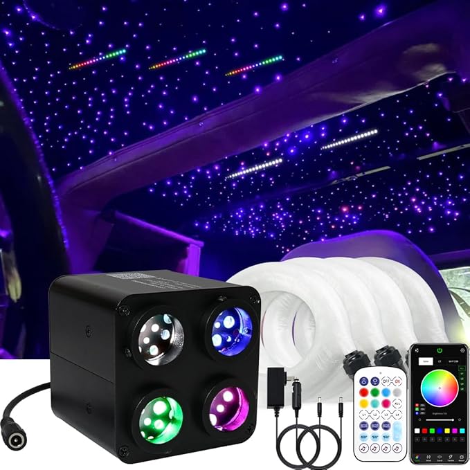 AMKI Updated 4Color Meteor Twinkle 36w Starlight Headliner Kits 1080pcs 0.03in 13.1ft, 240pcs RGB Meteor Shooting Star Cable, 2 in 1 Fiber Optic Light Box RGBW Sound Activated Mode for Car& Home Decor