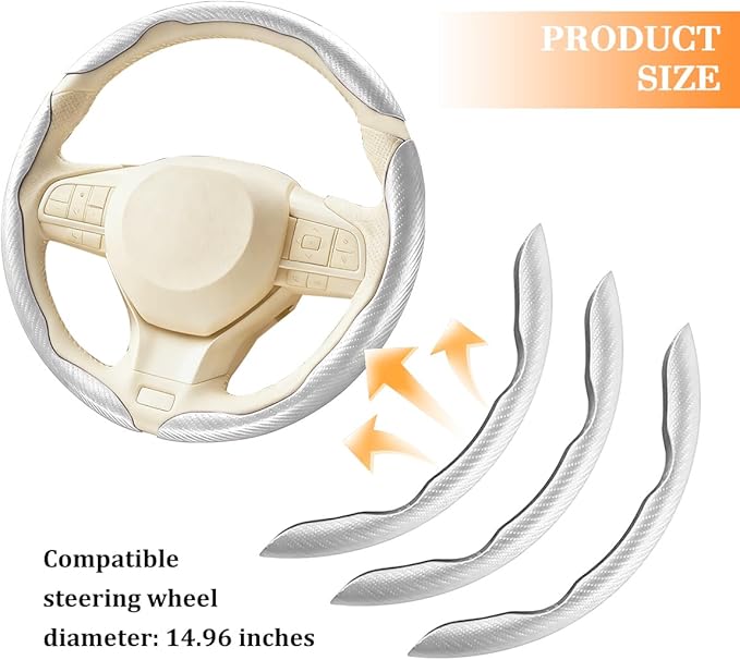 3PCS Carbon Fiber Car Steering Wheel Cover, Leather Segmented Anti-Skid Steering Wheel Protector, Snap on Automotive Interior Protection Accessories, Universal for Vehicles (White)