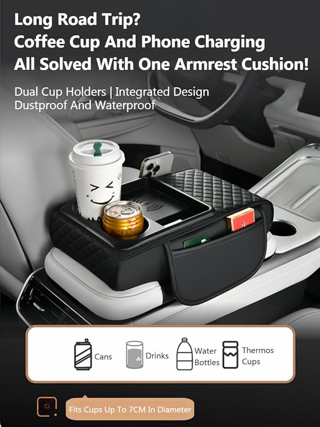 Car Armrest Pad with Built-in Induction Charging, Leather Center Console Cushion with 15W Power Pad, Dual Cup Holders, Storage Pockets - Grey
