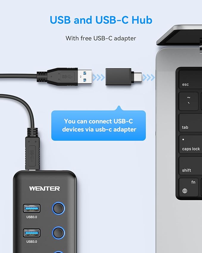 Powered USB 3.0 Hub, Wenter 6-Port USB Hub Splitter (4 Faster Data Transfer Ports+ 2Pcs 36W QC Charging Ports) with Individual LED On/Off Switches, USB Hub 3.0 Powered with Power Adapter