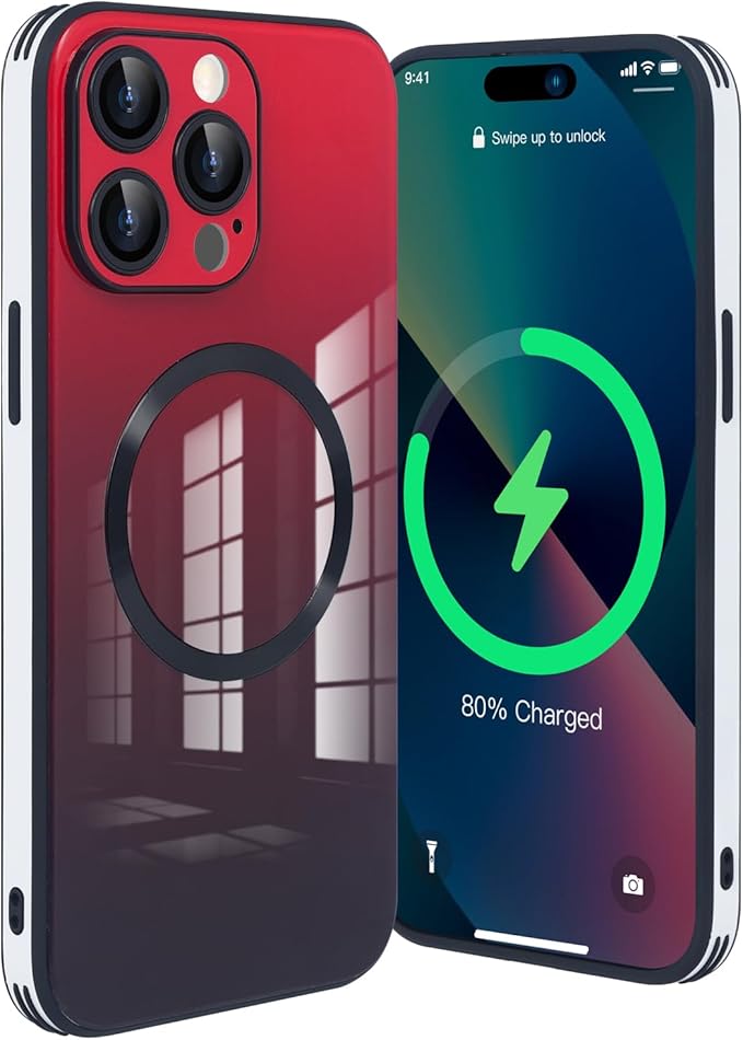 Guppy Compatible with iPhone 12 Pro Max Magnetic Case, Magnetic Gradient Case with Charging, Gradient Glass Back Cover with Lens Film-Red