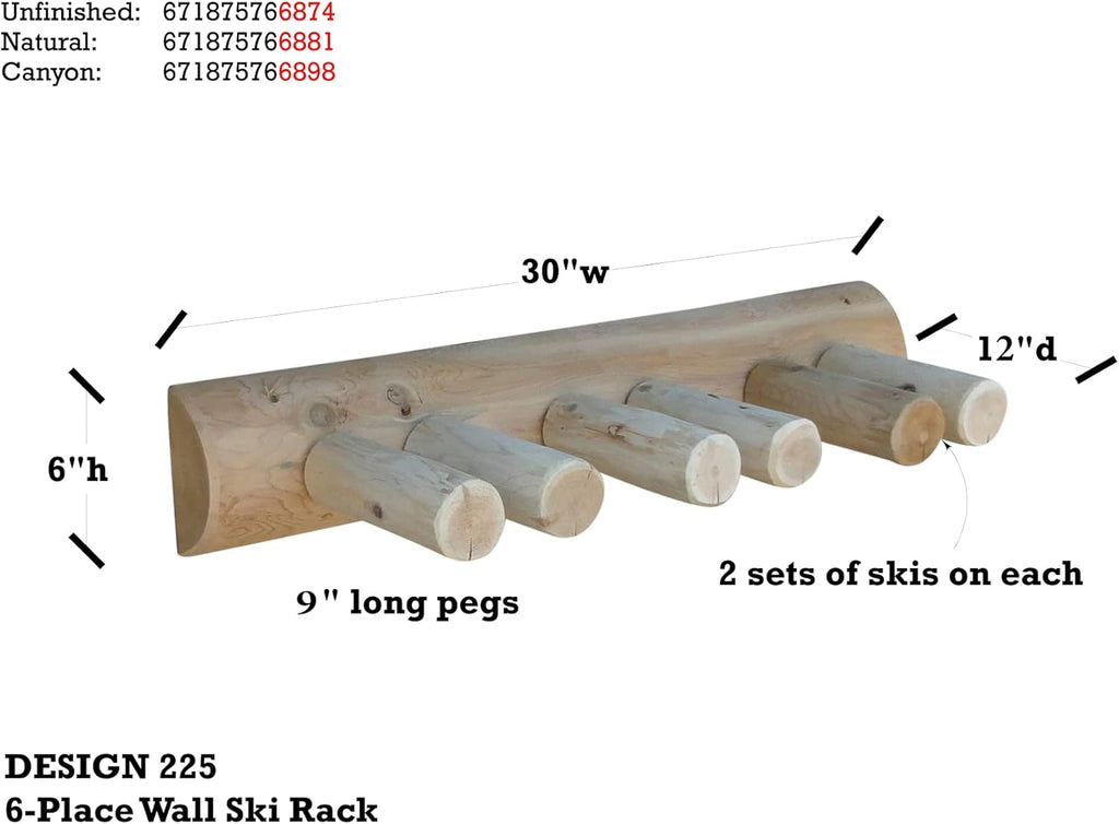 6-Place Log Ski Rack Wall Mount, Indoor Ski Storage Rack for Garage Organizers, Wooden Skis Wall Mount Storage Racks, Pole Skis Sports Racks, Garage Organization Walls - Unfinished