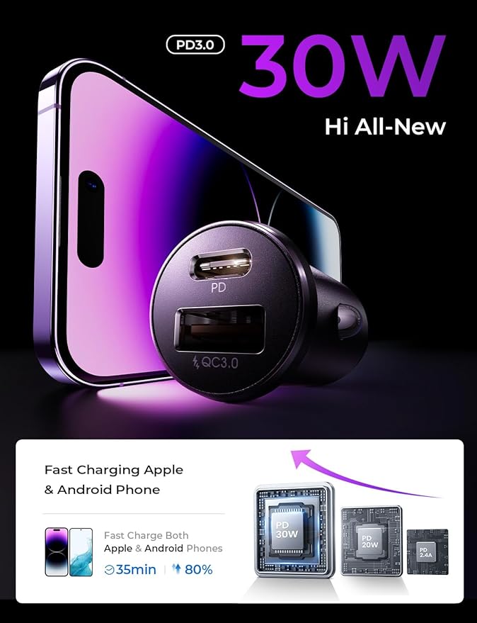 LISEN 54W Car Phone Charger USB C, Cigarette Lighter Adapter, Car Accessories for iPhone, USB C Car Charger Adapter USBC Type C 12v, Fit for iPhone 16E 16 15 14 13 12 Samsung S25 Google iPad Android