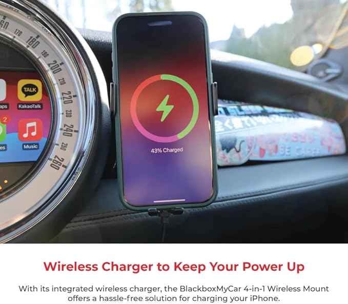 BlackboxMyCar 4-in-1 Safety Wireless Mount, Wireless Car Charger, Fast Car Phone Holder Charger, Easy Install with Air Vent Clamp, Built-in Safety Hammer and Seatbelt Cutter, iPhone Compatible