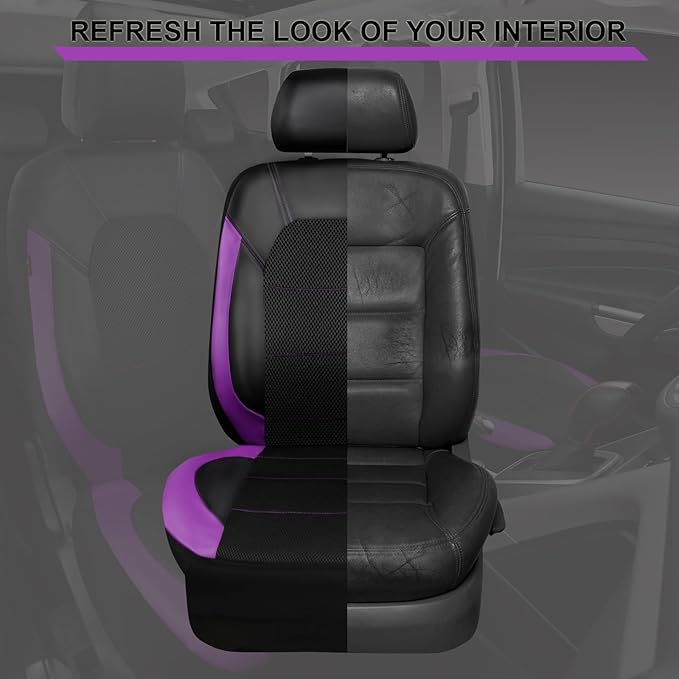 CAR PASS Leather Seat Covers, Breathable Universal Car Seat Cover Full Set for Cute Women Girly,Super 5mm Composite Sponge Inside,Airbag Compatible fits Most Auto,SUVs,Trucks,Vans(Black&Purple)