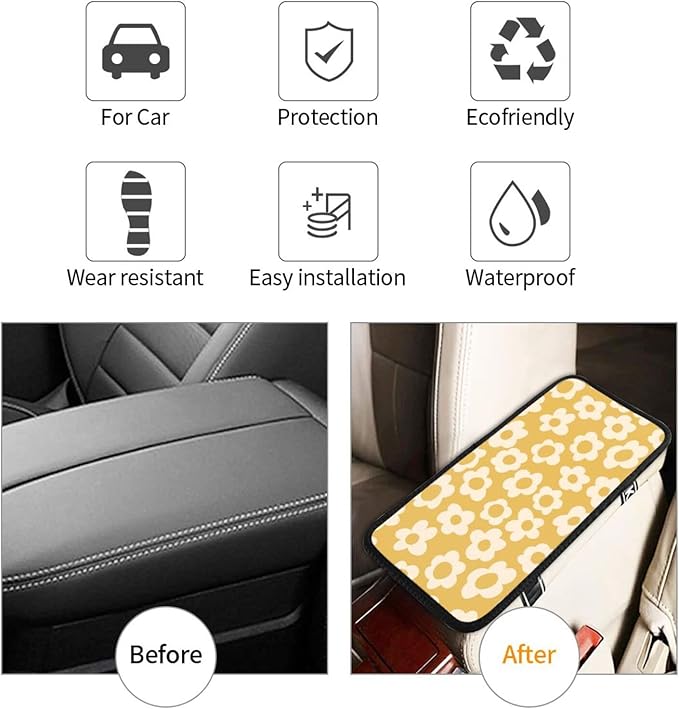 Vintage Groovy Flowers1 Auto Center Console Cover Pad Car Armrest Seat Box Cover Cushion Universal for Most Vehicle SUV Truck Car Accessories Decor
