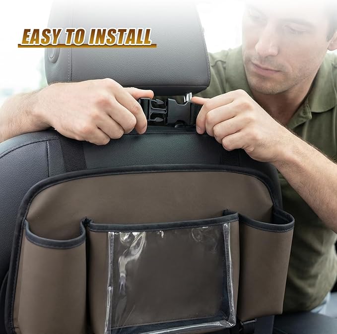 Craedli 3 in 1 Car Back Seat Organizer with Cup Holder & Hook, Multifunctional Car Seat Back Storage Box for Hold Phone Drinks Handbag, Travel Accessory Auto Interior Organizer with Tissue Box (Brown)