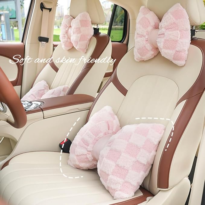 4 Pack Car Neck Pillow and Lumbar Support Cushion Plush Butterfly Knot Headrest Pillow Comfortable Waist Support Cute Car Interior Decor