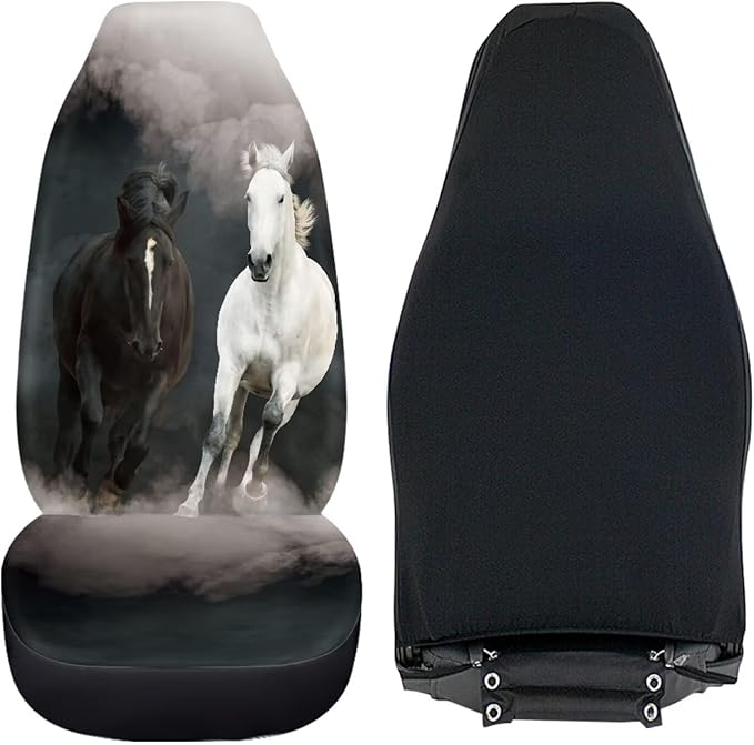 Car Seat Covers 2 Pcs Soft Comfortable Auto Front High Back Seat Protector Covers Automobile Interior Decor Accessories, Universal(Black White Horse 59)