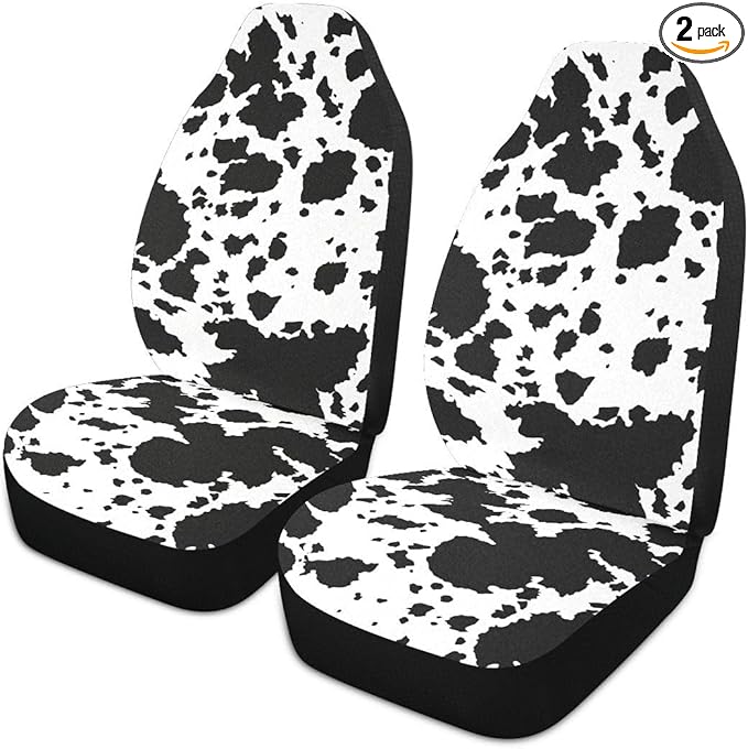 Cow Print Car Seat Covers Set of 2,Rustic Spotted Milk Cow Fur Texture Black Cowhide Universal Auto Front Seat Protector for Women Cute Animal Skin Pattern Car Accessories Fit for Car Truck