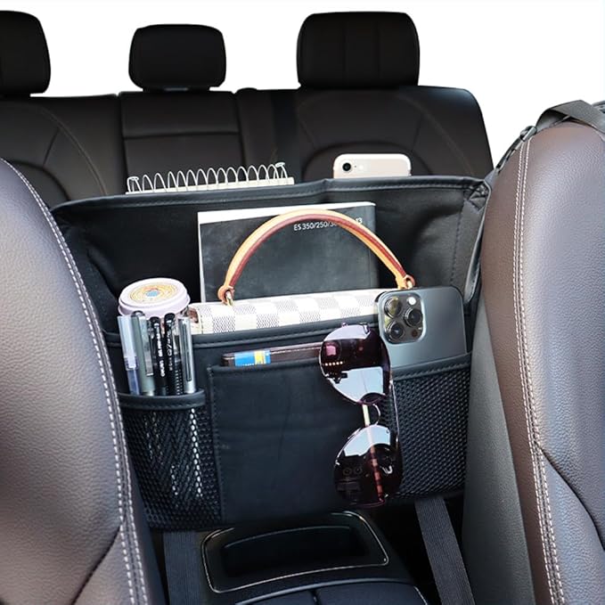 Black Car Handbag Holder Between Seats Suede Car Storage Bag Large Capacity 7 Compartment Purse Phone Ipad Automotive Consoles Organizer Safe Barrier of Pet Kids…
