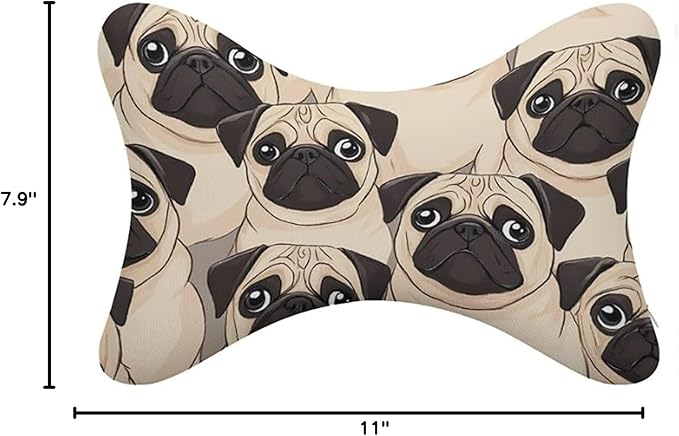 Car Headrest Pillow Compatible with Puppy Pug Dogs Print, Cartoon Neck Pillow for Car, 2 Pcs Comfortable Soft Car Seat Pillow for Driving,Head Rest Cushion, Cute Neck Pillow for Travel