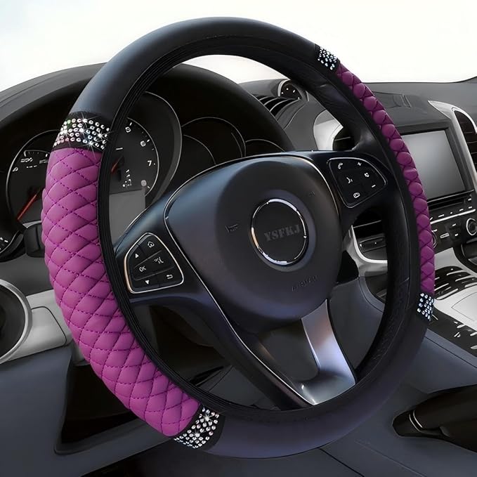 Soft Leather Car Steering Wheel Cover, Universal 15 Inch Colorful Rhinestones Anti-Slip Elastic Steering Wheel Covers for Most Cars, Sparkly Crystal Diamond for Women Girls (Purple)