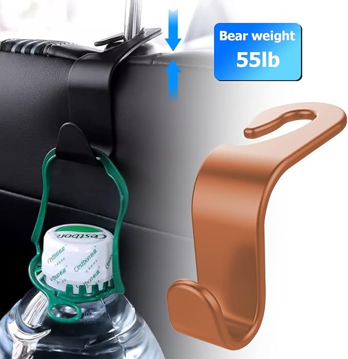 Car Back Seat Headrest Hooks, 4PCS Vehicle Backseat Storage Organizer Hanger, Multifunctional Auto Headrest Hidden Hook Universal for Handbag Purse Backpacks Bags and Groceries (Brown)