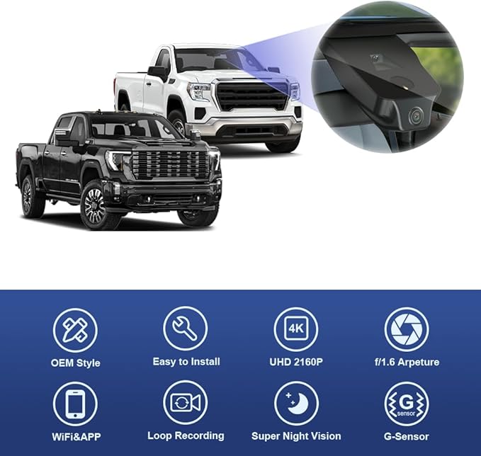 Fitcamx 4K Dash Cam Suitable for GMC Sierra 1500 2500HD 3500HD (HD2-4925, Check Vents Amount) 2020-2026, OEM Look, UHD 2160P Video, WiFi & APP, Loop Recording G-Sensor, Easy to Use, 2 Cables/64GB Card