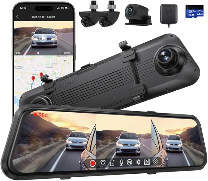 ACUMEN 4K Rear View Mirror Camera,Smart 12" Touch Screen Mirror Dash Cam Front and Rear,Backup Camera for Cars & Trucks with Blind Spot Detection (M4 Quad)