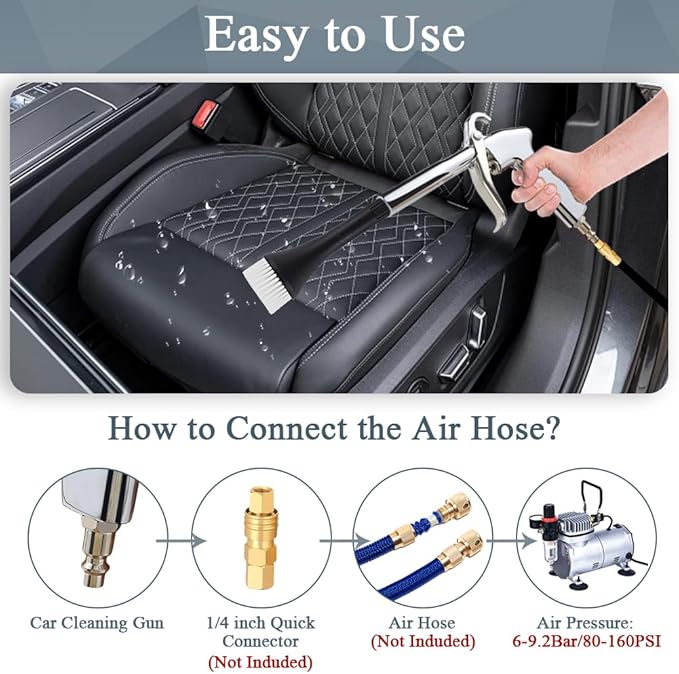 Car Cleaning Gun with Microfiber Cleaning Cloth Car Detailing Brush，High Pressure Air Blow Gun with 2 Set Nozzle, Interior Car Cleaning for Vehicle Upholstery Carpet Seat