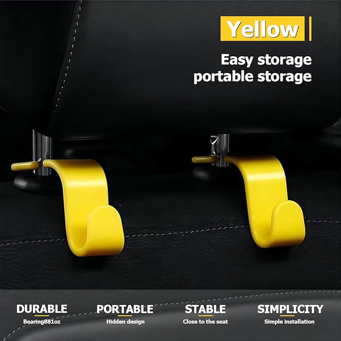 Car Seat Headrest Hook, 4PCS Multifunctional Auto Backseat Hangers, Universal Car Interior Accessories, Vehicle Storage Organizer for Purse, Coat, Umbrella, Grocery, Bag, Handbag (Yellow)
