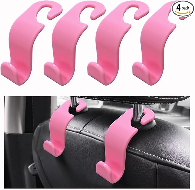 Ziciner Car Seat Headrest Hooks, 4 Pack Auto Durable Backseat Hangers Storage Organizer, Universal Vehicle Interior Holder Accessories for Purse, Grocery Bags, Handbag, Cloths ect (Pink)