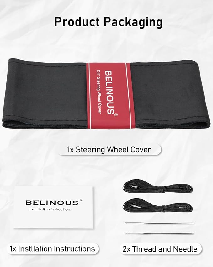 Belinous Suede Leather Steering Wheel Cover, DIY Stitch-On Steering Wheel Wrap with Needle & Thread, Non-Slip & Sweat-Absorbing, Universal Fit for 13.75-16 Inch (Size M5, Black)