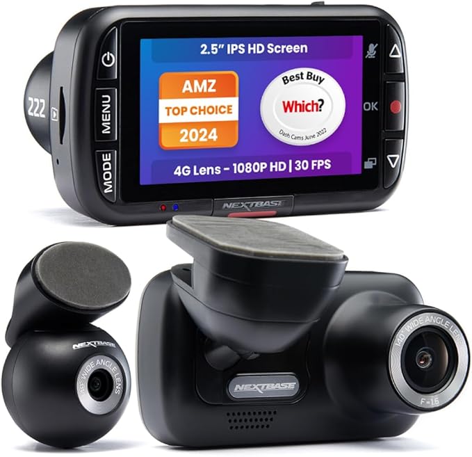 Nextbase 222XR 1080p Dash Cam + Rear Cam HD in Car Mini Camera with Parking Mode, Night Vision, Automatic Loop Recording and File Protection, Reliable and Durable
