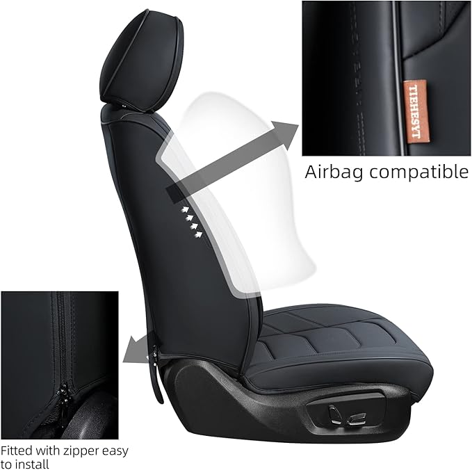 Black Car Seat Covers Front Pair, Breathable Leather Automotive Front Seat Covers & Headrest for Comfortable Driving, Universal Auto Interior Fit for Most Kinds of Vehicles, SUV, Sedans