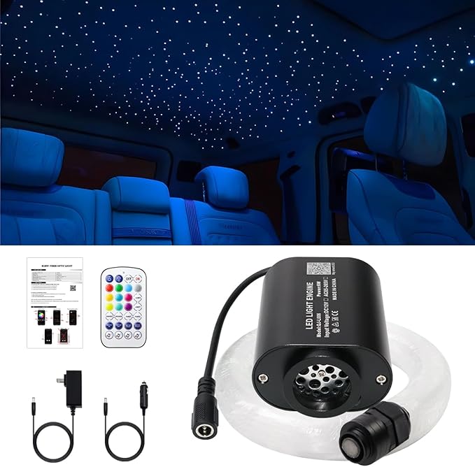 AMKI Mini 6W Starlight Headliner Kit Mixed430pcs 9.8ft,Twinkle+Sound Activated Fiber Optic Light 4Lamp Beam Starlight Box APP/Remote Control for Car Home Star Ceiling Decoration