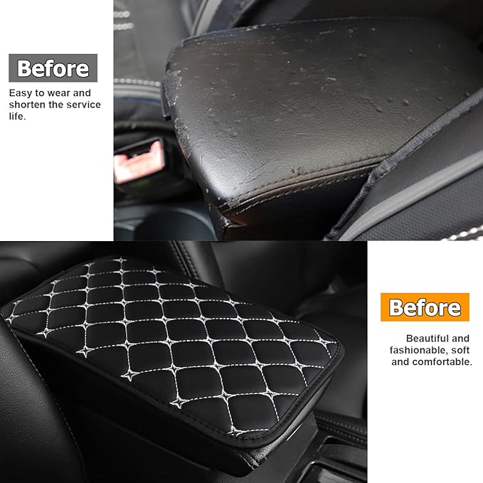 HZEL Car Center Console Cushion Pad, PU Leather Vehicle Armrest Protection Cover, Waterproof Automotive Interior Arm Rest Seat Box Mat Accessories, Universal for SUV, Sedan, Truck (Black/White)