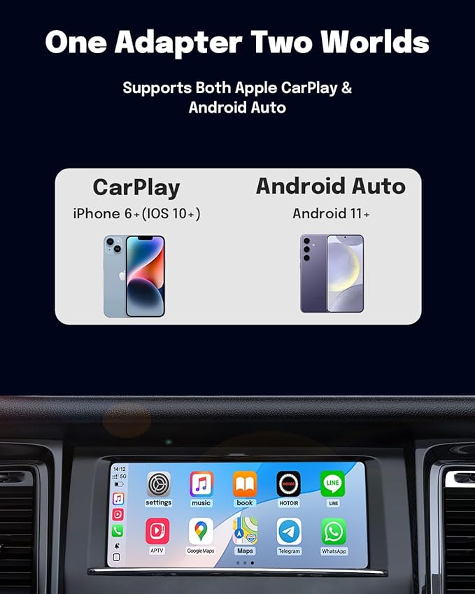 ZUCWO 2-in-1 Wireless CarPlay Adapter and Android Auto Adapter – Converts Wired to Wireless for Cars 2016+, Plug & Play, USB-A to USB-C for iOS10+/Android 11+