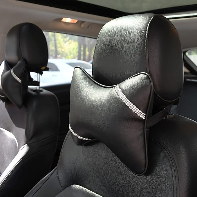 Car Neck Pillows Diamond Seat Auto Headrest Cushion Head Rest Neck 2 Pack Headrest Fit for Most Cars Universal Car Pillow Support Relax Crystal Rhinestone Pu Leather Bling Interior(Black)