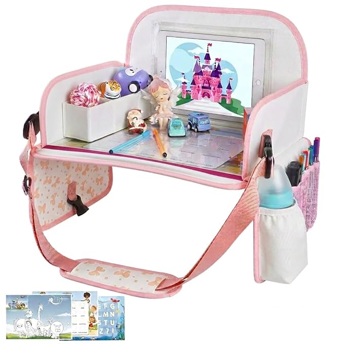 MENZOKE Kids Travel Tray for Toddler Car Seat, Toddler Travel Activities for Girl with iPad Holder Stand & Storage Pockets, Road Trip Essentials Accessories Lap Tray as Birthday Gift, Beige & Pink