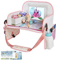 MENZOKE Kids Travel Tray for Toddler Car Seat, Toddler Travel Activities for Girl with iPad Holder Stand & Storage Pockets, Road Trip Essentials Accessories Lap Tray as Birthday Gift, Beige & Pink