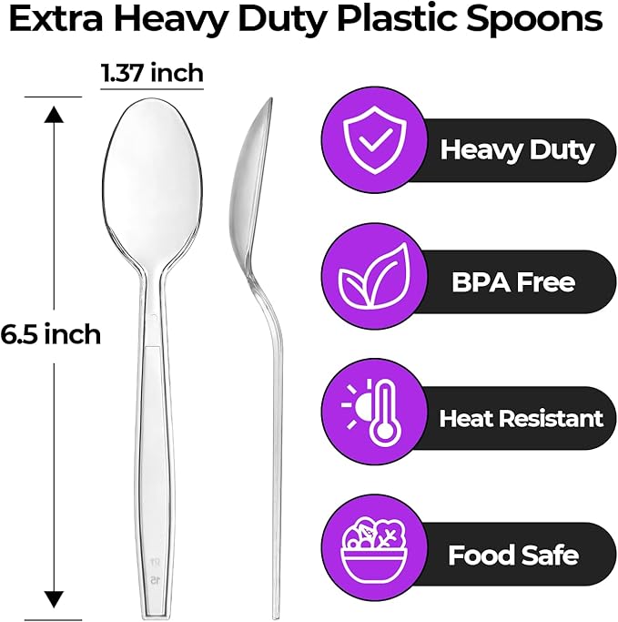 [100 Count] Clear Plastic Spoons Heavy Duty Disposable Spoon Reusable Bulk Plastic Utensils Sturdy Cutlery Set Durable Plasticware Silverware for Party,Every Day Use,Picnic,Camping,Wedding,Barbecues