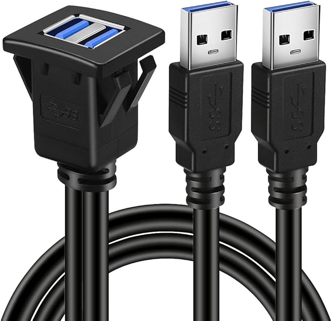 BATIGE Dual Ports Square USB 3.0 Panel Flush Mount Extension Cable with Buckle for Car Truck Boat Motorcycle Dashboard 1ft
