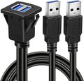 BATIGE Dual Ports Square USB 3.0 Panel Flush Mount Extension Cable with Buckle for Car Truck Boat Motorcycle Dashboard 1ft