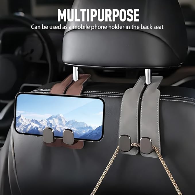Car Seat Back Storage Hook, 2026 New Two Hook Fur Leather Seat Back Headrest Hanger Genuine Leather Double Metal Hook for Backseat Organizer, Car Organization Accessories (2, Black)
