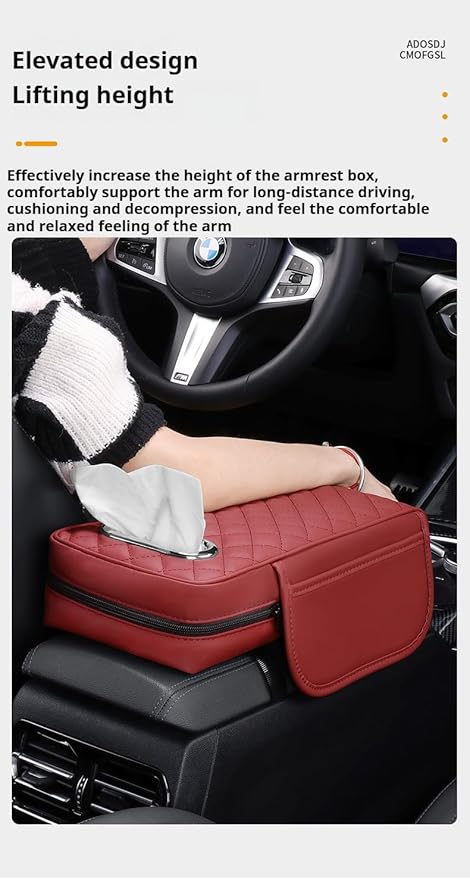 Center Console Cover Arm Rest Cover Leather Car Armrest Box Pad with Pocket Tissue Box Hole Auto Armrest Cover Cushion for Car Vehicle (Black-Red)