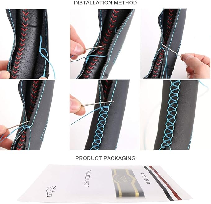 Artificial Leather Wheel Steering Cover Stitch On Wrap with Needle & Thread DIY 15.7 Inch Red and Blue Splice for Pajero Etc