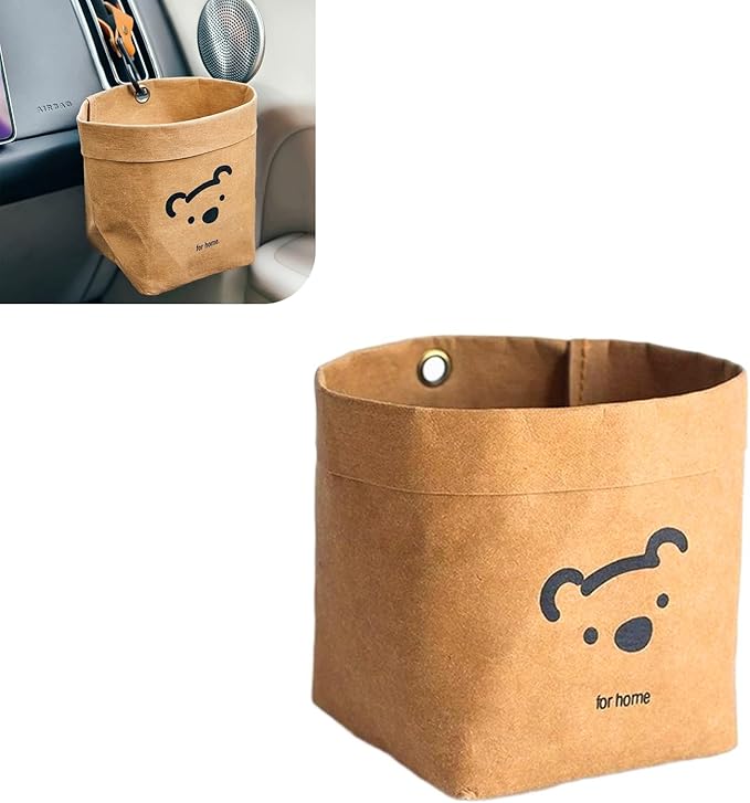 Car Storage Bag, 3.94" x 5.12" Washable Reusable Cute Bear Kraft Paper Car Organizer, Foldable Air Vent Mounted Trash Can, Back Seat Hanging Storage Box for Sunglasses Phone Card Key (Brown)