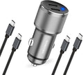 Dual 45W USB C Car Charger, 90W Max Super Fast Charging, All Metal 12V Cigarette Lighter Adapter for iPhone 17 Pro Max/16/15/iPad, Samsung Galaxy S26+/S25, Google Phones with 2 Type C Cable 3.3ft Gray