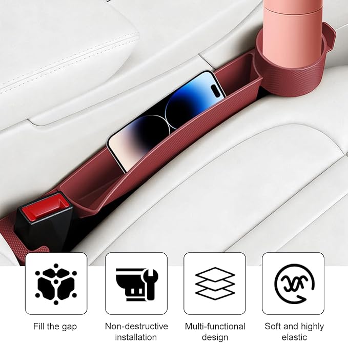2PCS Car Seat Gap Filler, Dual Slot Carbon Fiber Vehicle Side Seat Gap Organizer Strip with Cup Holder, Auto Console Guard Spacer Stop Things from Dropping, Universal Fit (Red)