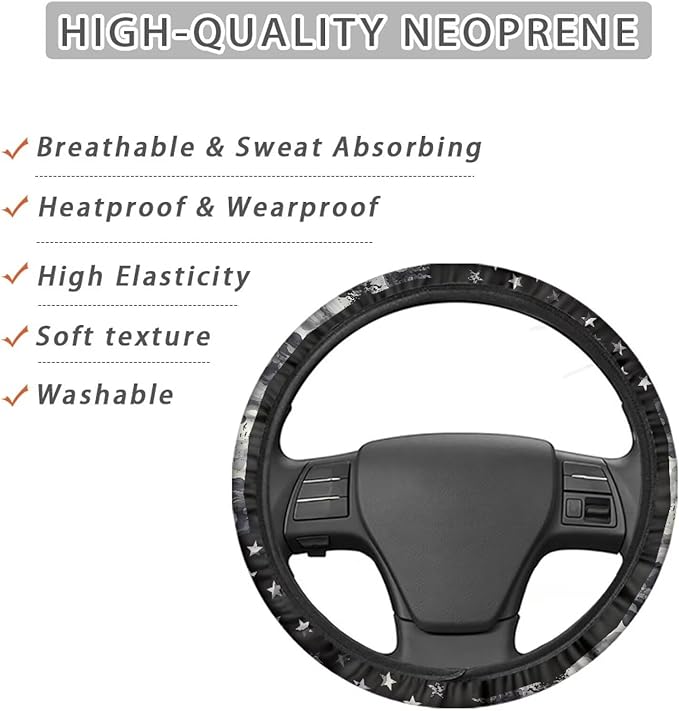 SEANATIVE Gray US Flag Auto Steering Wheel Cover Auto Interior Protector Accessiores,Non-Slip Universal fit 15 inch, for Van Car Sedan SUV