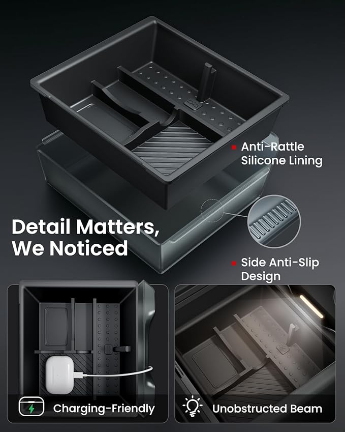 REEVAA Center Console Organizer for Tesla Model Y Juniper 2025-2026 (Premium & Performance), Model 3 Highland 2024-2026 All Trims [Dual-Tier Storage, Seamless Fit], Premium Silicone Liner, 4PCS, Grey