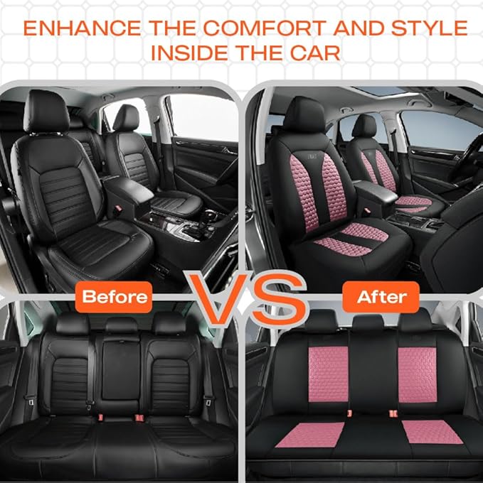 Skechers Memory Foam™ Car Seat Cover Full Sets, Hexcomb Breathable Thick Seat Covers, Airbag Compatible, Automotive Comfort & Protection for Most Cars,Van,Trucks, SUVs (Pink,Full Set)