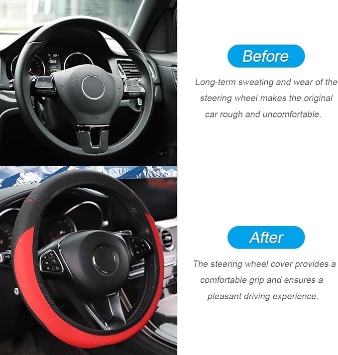 Car Steering Wheel Cover, Leather Elastic No Inner Ring Vehicle Steering Wheel Protector for 14.5-15Inch, Anti Slip Auto Interior Protection Accessories, Universal for SUV Sedan Truck (Red)