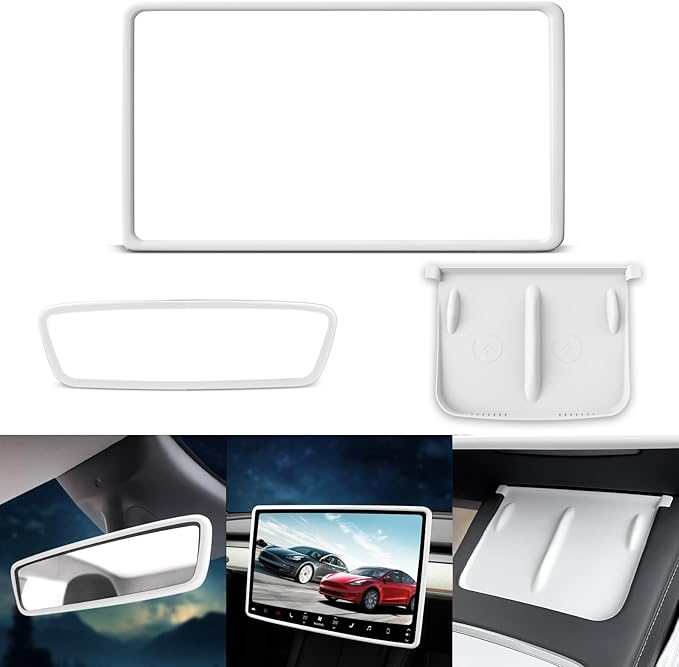Farmogo Protector Trim Frame for Tesla Model 3 2021-2023 & Model Y 2020-2024 Accessories with Wireless Silicone Charging Mat, Screen Edge Frame and Rearview Mirror Protector Frame (3 PCS White)