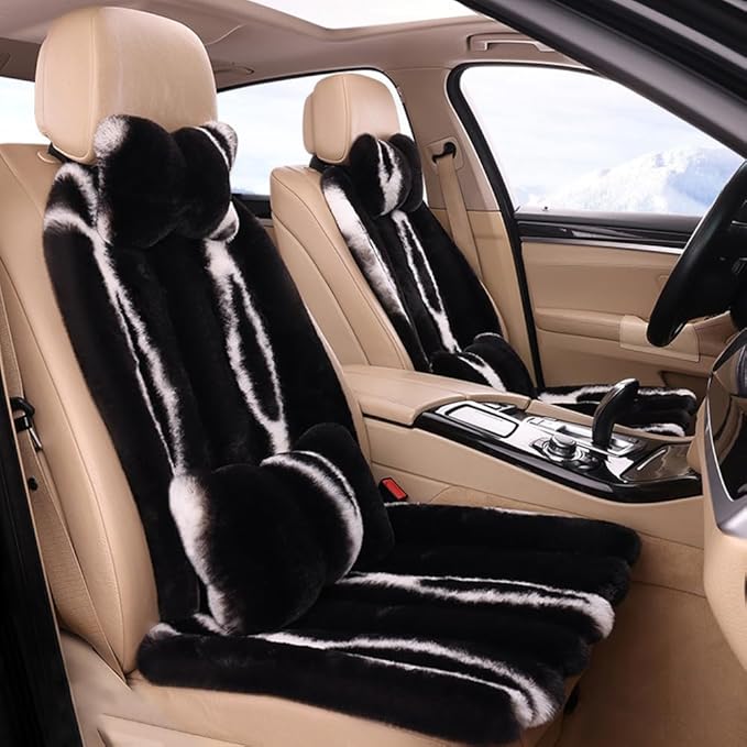 Luxury Plush Car Seat Cushion Set Car Headrest & Lumbar Support & Seat Cushion & Back Support Pillow Fluffy Fuzzy Car Seat Covers Non-Slip Cushion for Universal Accessories Automobiles (4, Black)