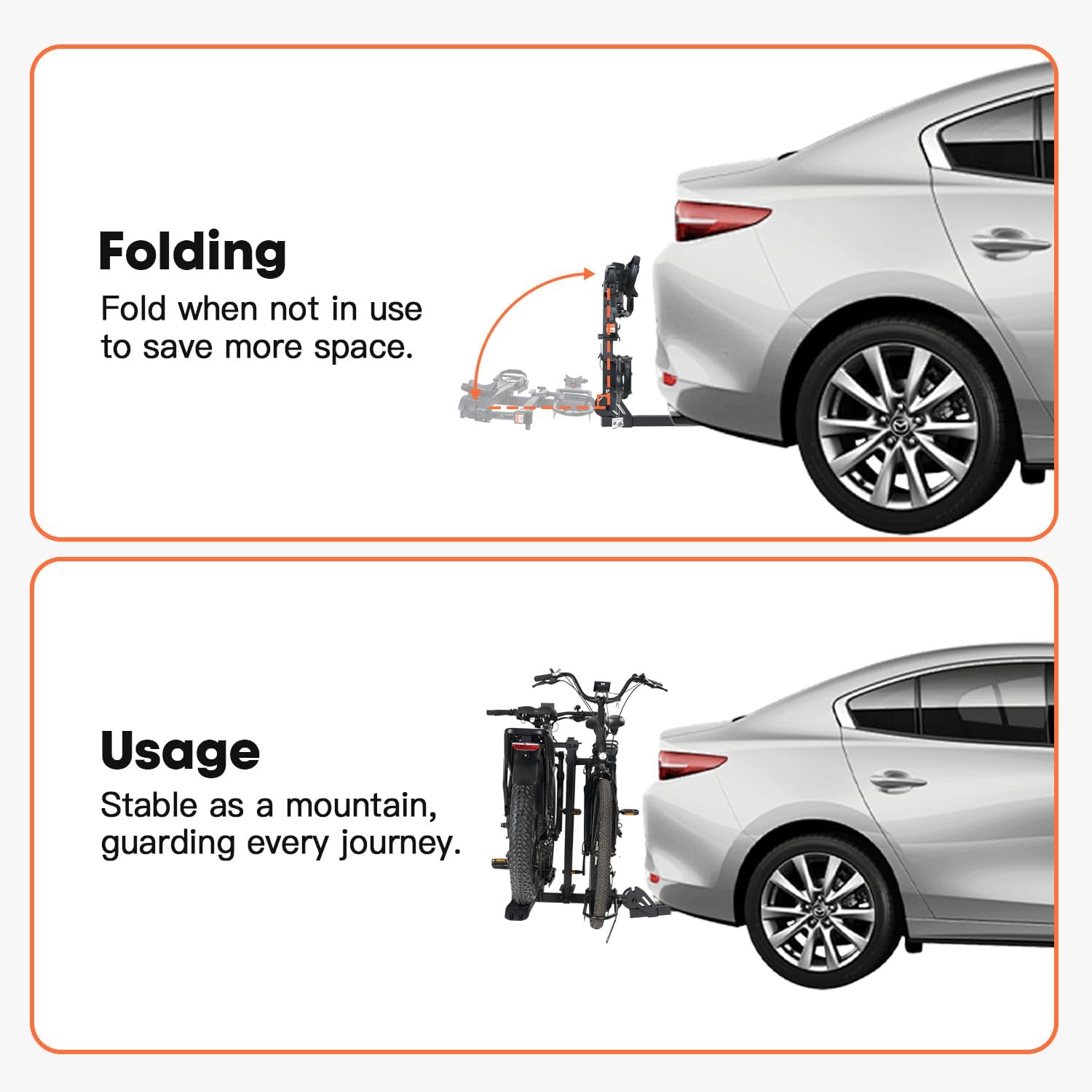 CyberRack E2 Ebike Rack, 200 lbs Capacity Foldable Bike Racks for Tow Hitch Heavy Electric Bike Carrier for 2 E-Bike, Up to 5-inch Fat Tire 2'' Receiver